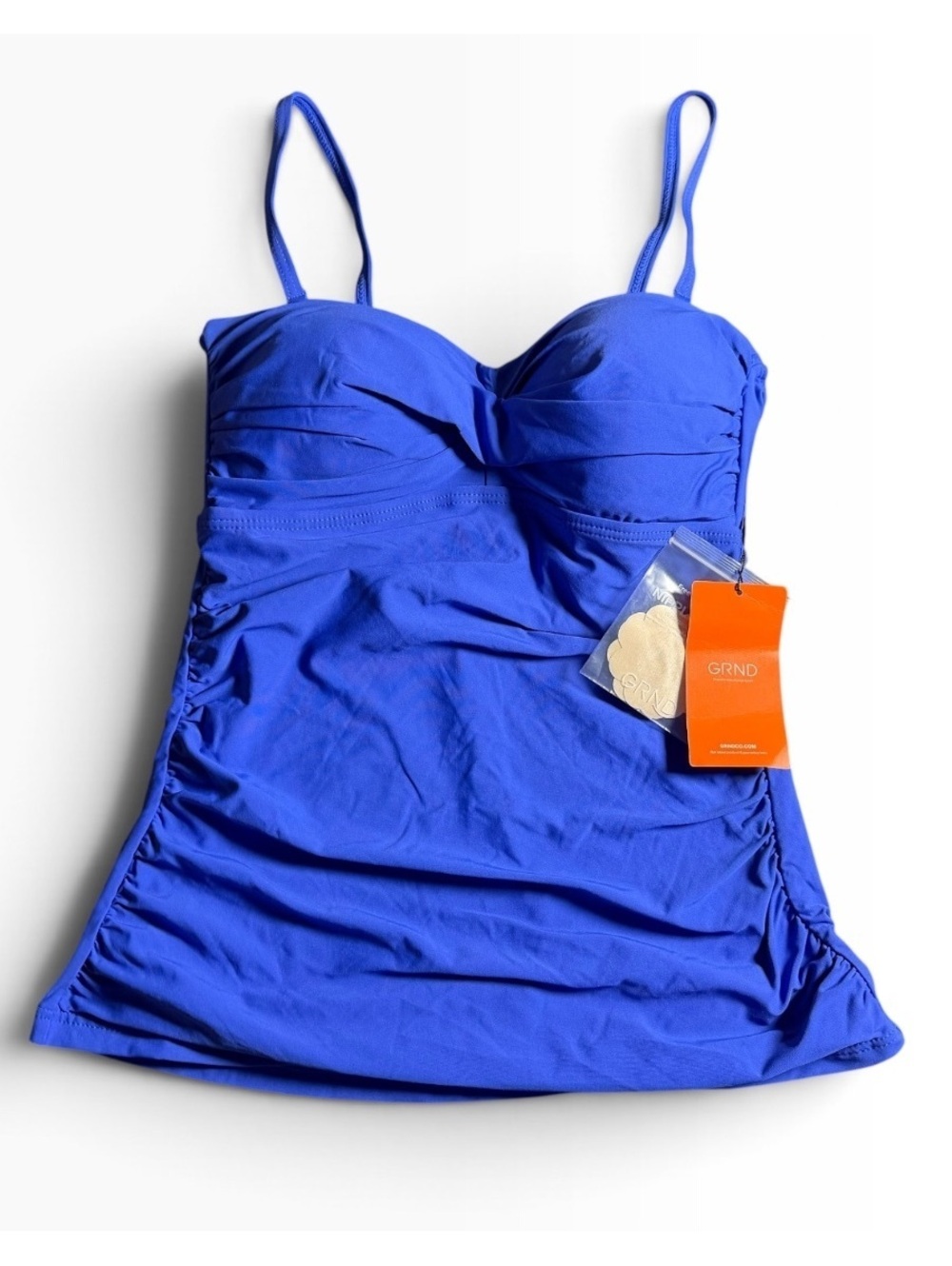 GRND blue detachable straps molded cup tankini swim top size S NWT